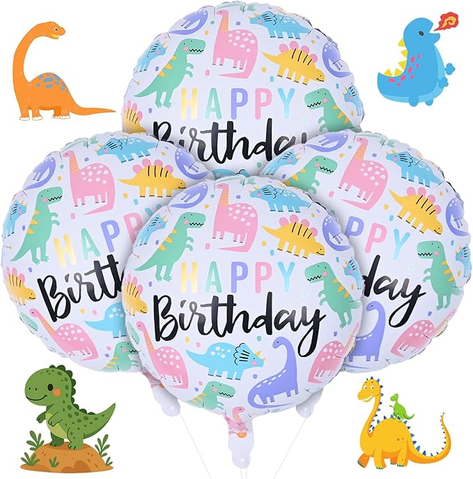 18" Dinosaur Balloons for Party Decorations, 4pcs Colorful Mylar Round Dinosaur Balloon, HAPPY Birthday Dino Foil Balloons for Kids Jungle Dino Themed Baby Shower Birthday Party Decor Supplies