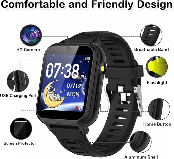 Cosjoype Kids Game Smart Watch for Kids with 39 Puzzle Games HD Touch Screen Camera Music Player Pedometer Alarm Clock Calculator Flashlight 12/24hr Kid Watch Gift for 4-12 Year Old Boys Toys for Kid
