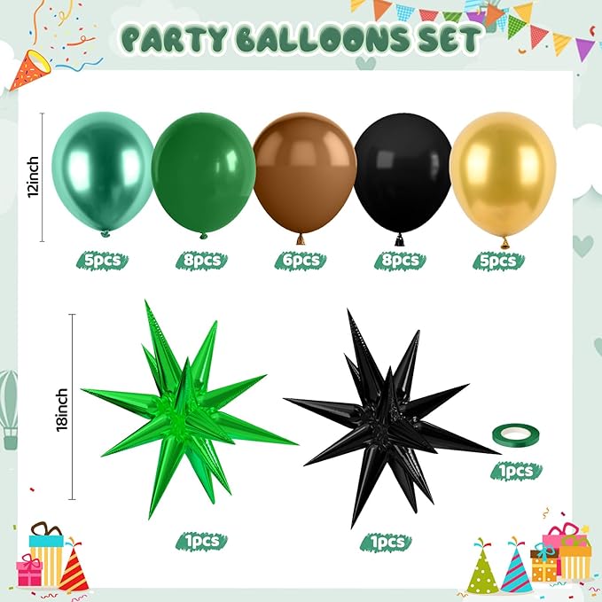 Green and Brown Balloons, 12 Inch Jungle Safari Woodland Balloon with Brown Black Dark Green Confetti Balloons Metal Balloon for Video Game Theme Birthday Wild One Party Decorations