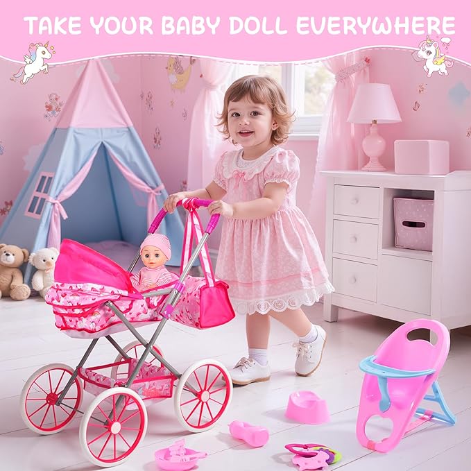 Unicorn Baby Doll Stroller Set with 11'' Baby Doll, Foldable Doll Stroller, Playpen, Dining Chair and 24 PCS Baby Doll Accessories, Doll Playset Toy for Girls Toddlers 3-5 4-6 Birthday Gifts