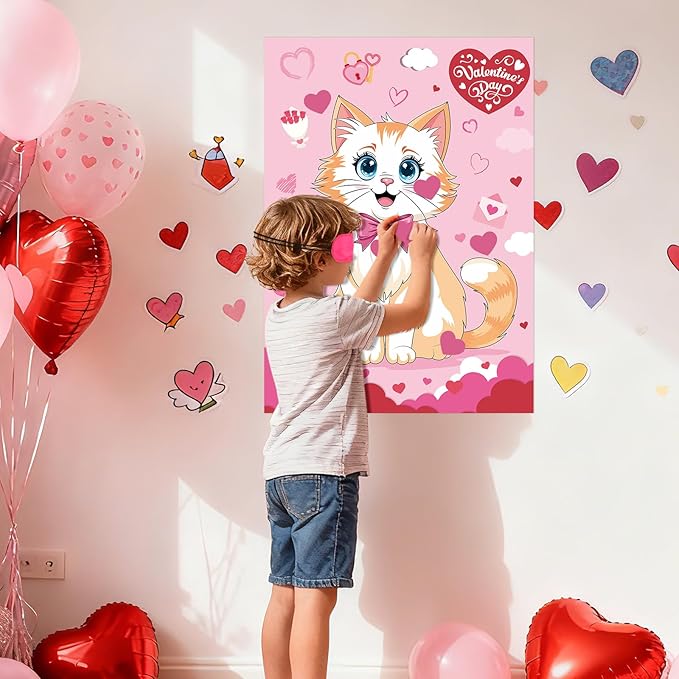 Hooqict Valentines Games for Kids Pin The Heart on The Cat Party Games Valentines Day Party Activities Galentines Day Decorations, Large Pin The Tail Poster with 36 Stickers