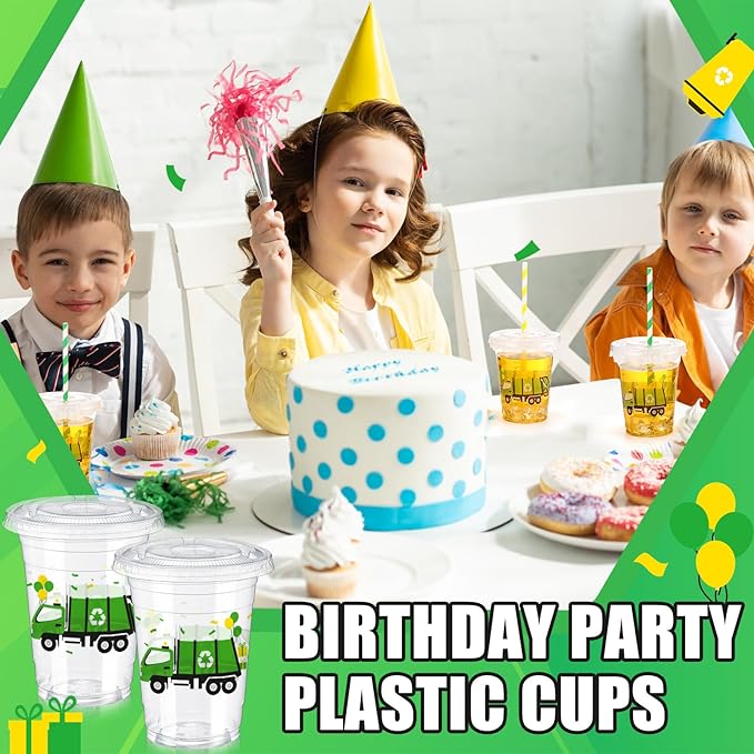 Domensi 50 Pcs Garbage Truck Birthday Party Plastic Cup 12 oz Garbage Car Thick Clear Cup Truck Mugs Trash Car Birthday Table Decorations Party Favor car Design