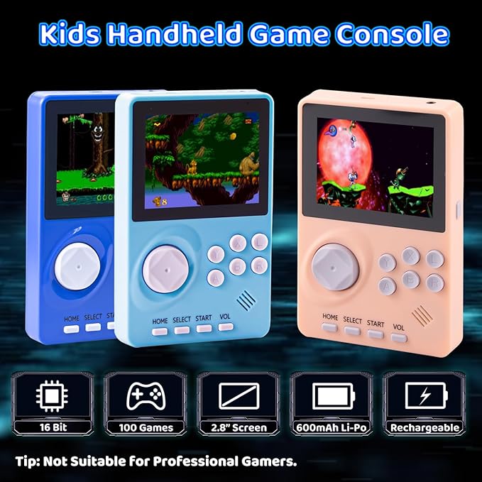 Kids Handheld Video Game Console Built in 100 16-bit Games, Handheld Retro Gaming Console, Trave-Friendly Game Console, 2.8" Color Screen, Rechargeable Battery, Handheld Game for Boy Girl (Pink)