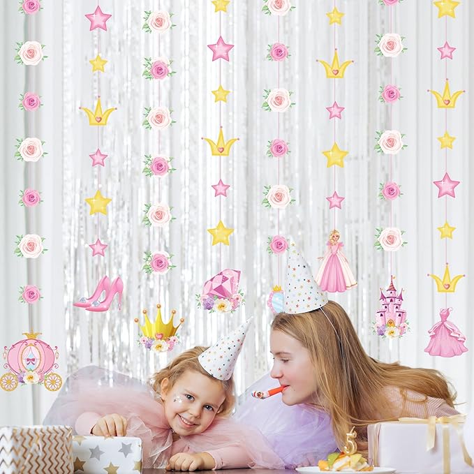 8 Pieces Floral Princess Party Decorations Princess Theme Garland Banners Pink Gold Castle Crown Carriage Paper Cutouts for Birthday Baby Shower Favors Classroom Supplies