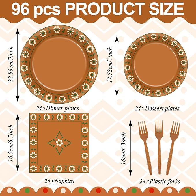 96Pcs Platos De Barro Mexicanos Paper Plates and Napkins Terracotta Flower Clay Pottery Party Decor Mexica Theme Tableware for 24 Guests Fiesta Birthday Wedding Baby Shower Party Supplies