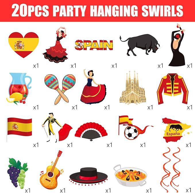 Spanish Hanging Swirls 20Pcs Spanish Birthday Hanging Decorations Spain Theme Fiesta Ceiling Swirls Spanish Party Hanging Streamers for Española Flamenco Bullfight Party Supplies