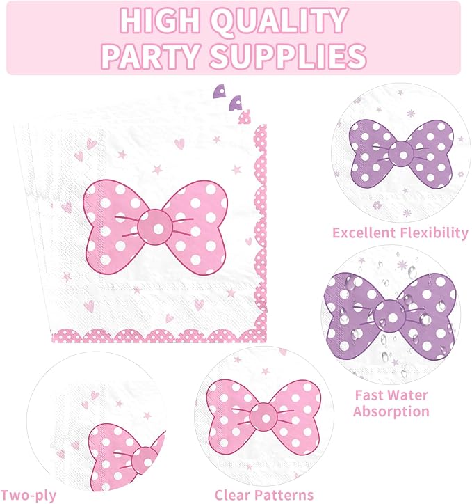 96Pcs Cartoon Mouse Party Decorations Cute Mouse Birthday Paper Plates and Napkins Tableware Sets Pink and Purple Bows Themed Decor for Girls Holiday Birthday Party Supplies Serves 24
