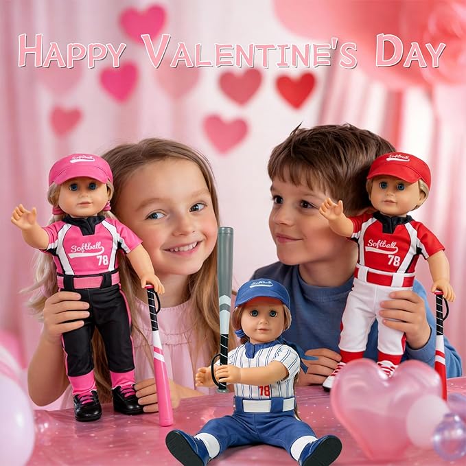 ARTST Softball Uniform Doll Outfit-American 18 inch Doll Clothes and Accessories Set-Hat Baseball Clothing Bat Shoes Socks,Valentine's Gifts for Boys Spring T-Ball