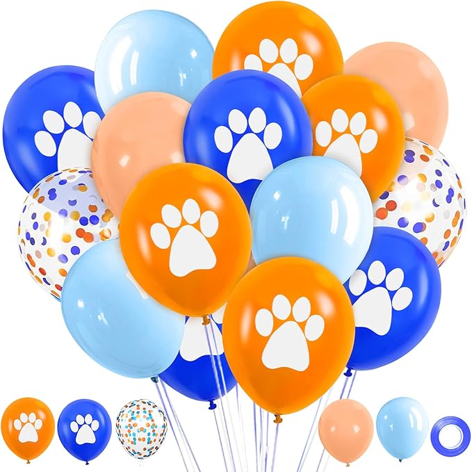Blue and Orange Dog Paw Balloons, 22PCS 12 Inch Paw Print Royal Blue Light Blue Beige Confetti Balloons for Boys Girls Kids Blue Dog Theme Party Baby Shower Birthday Decorations