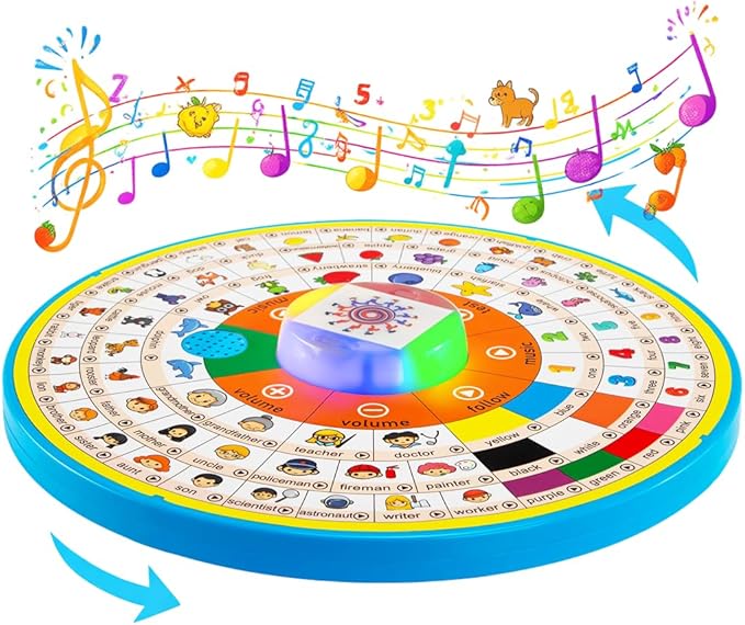 Age 1 2 3 Toddler Learning Words Pronunciation Machine,12 Month+ Kids Early Education Toys,Children Electronic Interactive Point Reader,with Music & RGB Lights,12.83inch Diameter Rotating Wheel