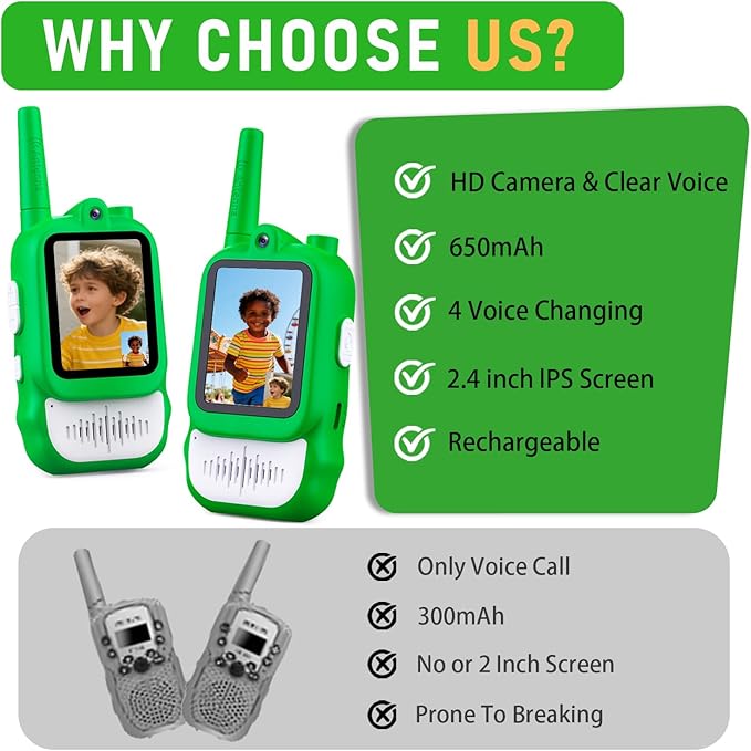 Lapare Video Walkie Talkies for Kids, 2 Pack Rechargeable Walkie Talkies with HD Color Screen, Real-time Video, Outdoor Camping Toys & Birthday Gifts for Boys