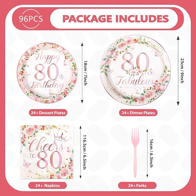 Grencian 96Pcs 80th Birthday Decorations for Women Floral 80th Birthday Party Plates and Napkins Disposable Rose Gold 80 Fabulous Tableware Set for Women 80 Years Old Party Supplies, Serves 24