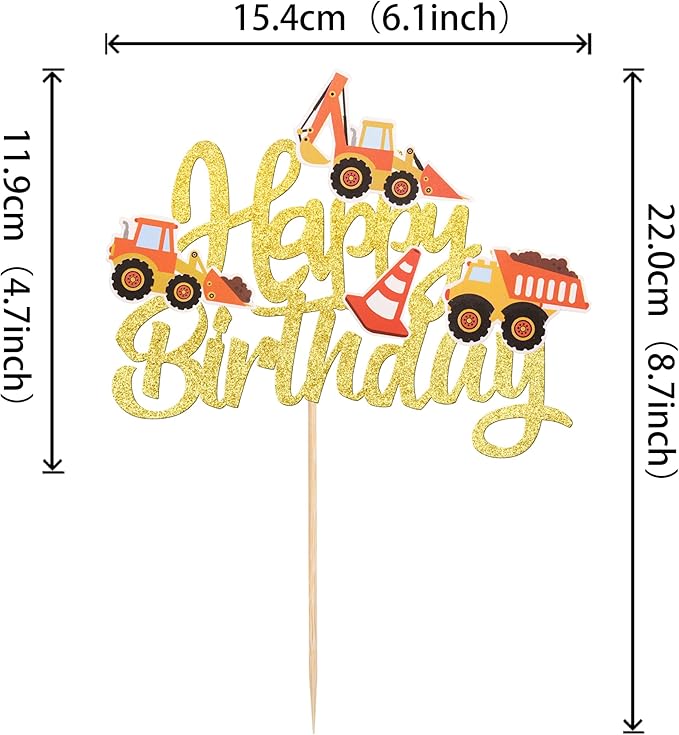 1 PCS Construction Happy Birthday Cake Topper Glitter Dump Truck Excavator Tractor Construction Cake Pick for Construction Theme Baby Shower Birthday Party Cake Decorations Supplies Gold