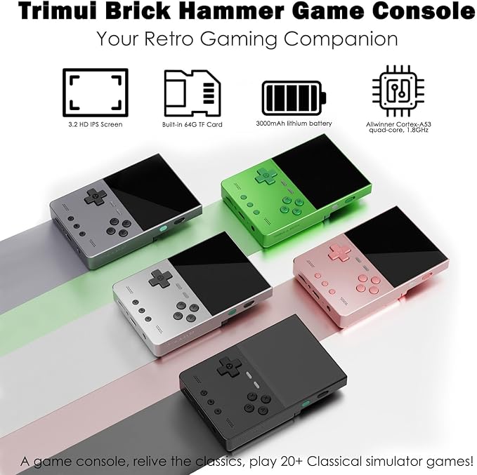 Trimui Brick Hammer Handheld Game Console,3.2 Inch IPS Classic System and 3000mAh Battery Retro Video Games Consoles,with 64G TF Card and Wireless Networt Console Casual Game Console(Black)