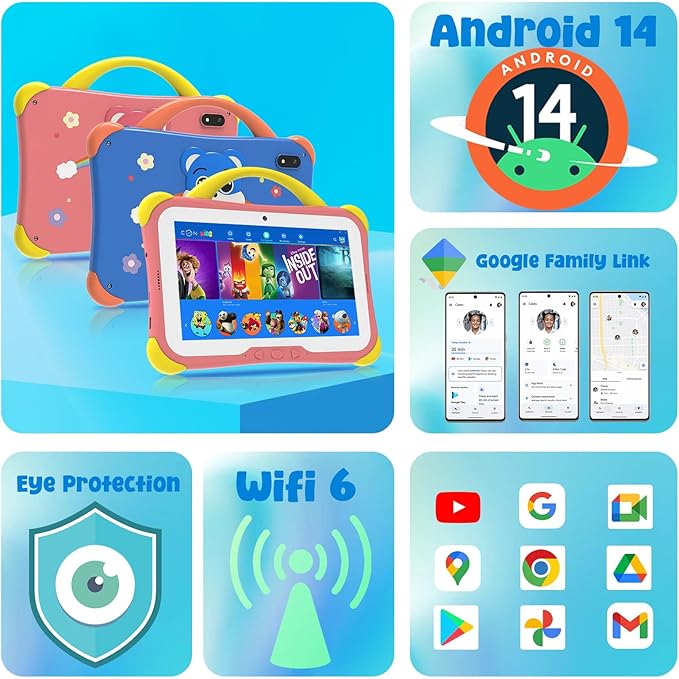 CWOWDEFU Kid's Tablet, 7' Tablet for Kids, 64Gb Android 14 Tablet Features 4000mAh Battery, Bluetooth 5.0, 5G WiFi, 5MP+2MP Dual Camera, Best Gift for Children