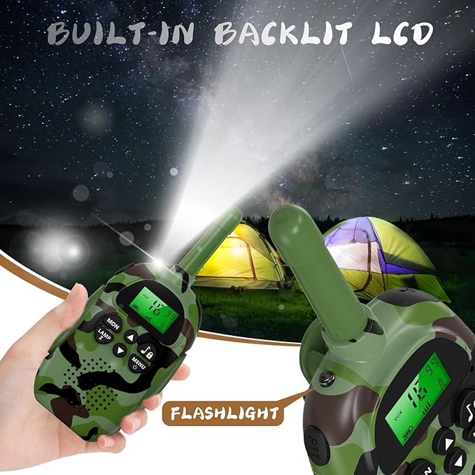 Walkie Talkies for Kids Adult, 2 Pack Rechargeable Kids Walkies Talkies, 3km Long Range, 22 Channels, Kid Birthday Gift for 3-12 Year Old Boys Girls for Outdoor Adventures, Hiking, Camo