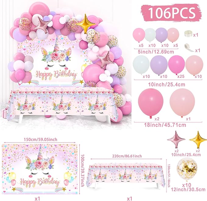 Unicorn Birthday Decorations for Girls,118pcs Unicorn Theme Party Decorations with Balloon Garland Arch Kit Backdrop and Tablecloth for Girls Women Birthday Party Supplies(Pink)