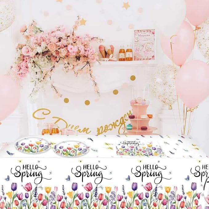 41Pcs Flower Party Decorations Tableware Set, Tulip Spring Floral Paper Plates Napkins and Tablecloth Disposable Party Supplies for Spring Summer Picnic Wedding Tea Party Mother's Day, Serve 24 Guests