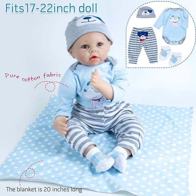PEDOLLTREE Reborn Baby Dolls Clothes Boy Blue Dog Outfit Accessories 13 Pcs for 17-22 Inches Reborn Doll Newborn Boy with Blue Dot Bassinet