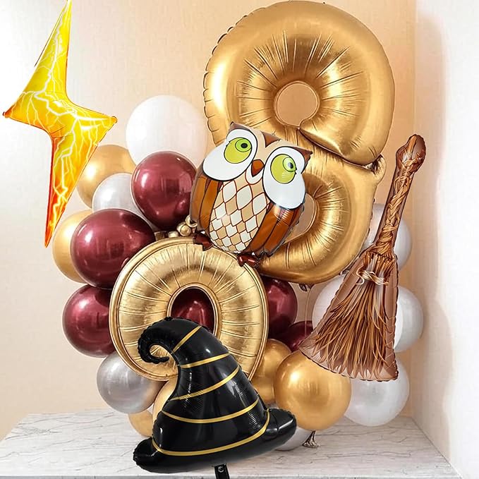 6pcs Magical Wizard Hat Balloons Hary Balloons Broom Balloon for Magic Themed Birthday Decorations Wizard Party Decor Magic Poter Decor Graduation Party Poters Baby Shower Party Supplies