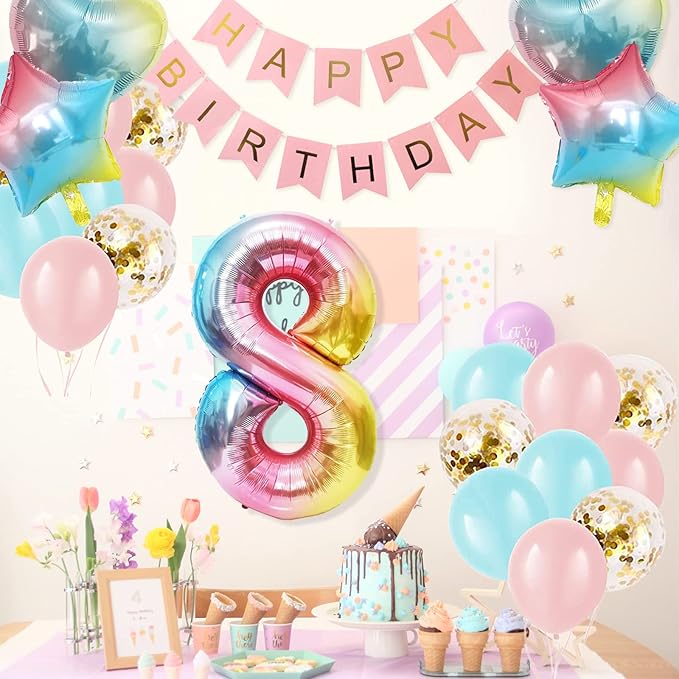 8th Birthday Decorations for Girls Gradient color Age 8 Balloons with Happy Birthday Banner for Baby showers Eighth Birthdays Party Supplies for Girls Boys