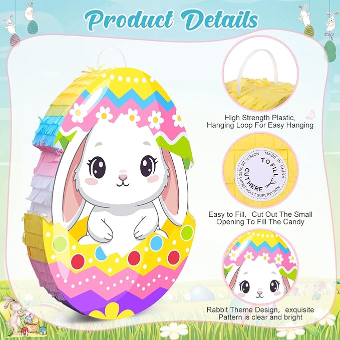 Bunny Easter Egg Piñata with Blindfold, Bat and Filler, Funny Cute Bunny Party Favors for Cute Easter Egg Theme Adults Party Supplies Decoration