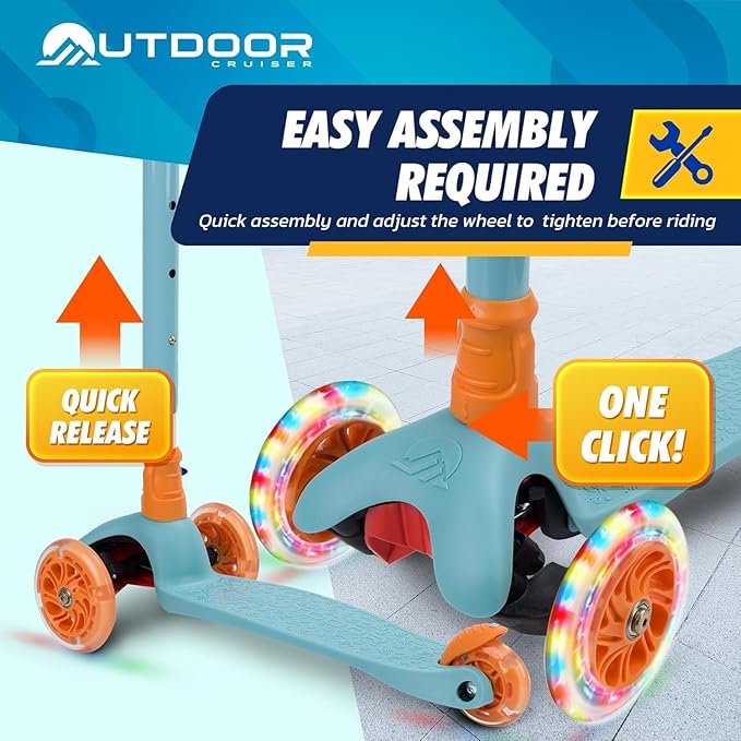 Outdoor Cruiser 3-Wheel Kids Scooter – with Lean-to-Steer Technology, Led Lighted Wheel, 4-Level Adjustable Height T-bar Handle, Support Kids Up to 150 Lbs, for Boys & Girls Ages 3-8, Aqua and Orange