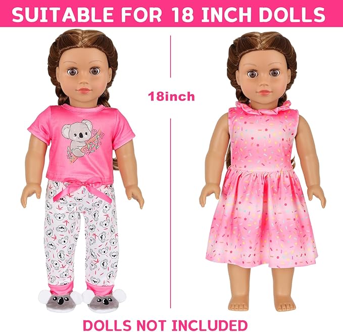 K.T. Fancy American Girl Doll Clothes for 18 Inch Dolls Accessories - Pink Outdoor Dress, Top, Pants, Shoes, Hairband, Rainbow Pillow, Outdoor Space Sleeping Bag (No Doll)