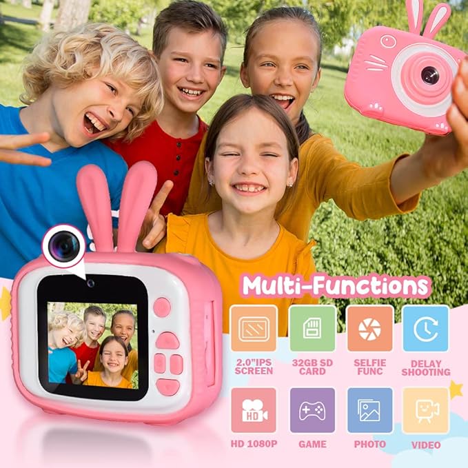 Kids Camera for Girls Boys 3-12 Years Old Selfie Children Camera Infant Toys Bunny 1080P HD Digital Video Camera for Toddler Christmas Easter Birthday Gifts with 32GB SD Card