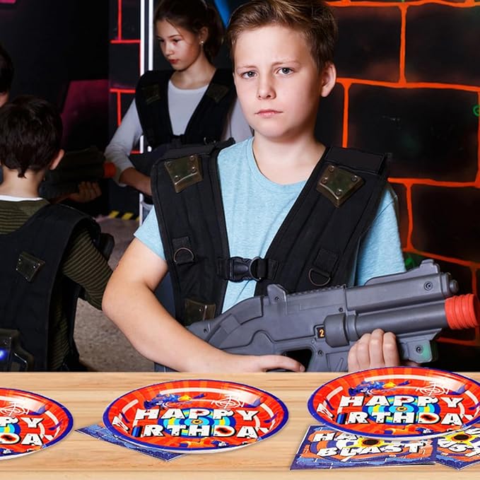 96Pcs Dart War Party Supplies Dart War Party Plates and Napkins Forks Disposable 350GSM Tableware Set for Kids Boys Birthday Party Dart War Themed Party Party Decorations,Serves 24
