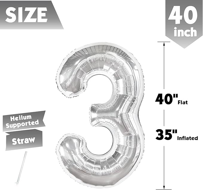40 Inch Silver Number 3 Balloon, Giant 3 Number Balloons for 3rd Birthday Decorations, Party Supplies for Baby Boy Girl, Silver Party Decor