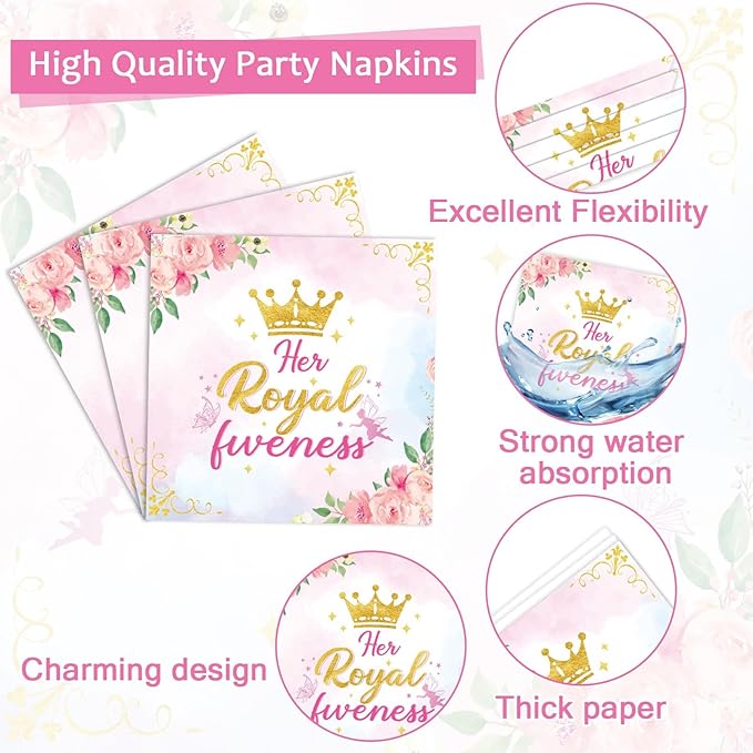 CHUNNIN 96Pcs Princess 5th Birthday Plates and Napkins Her Royal Fiveness Decorations Princess Party Dessert Plates Rainbow Castle Tableware for 24 Guests 5th Theme Girl Baby Shower Party Supplies