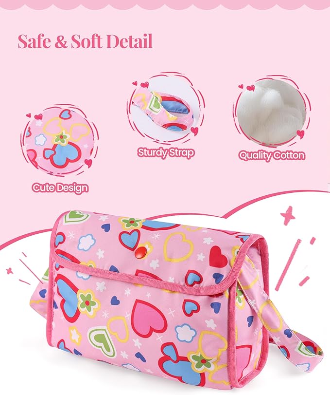 BABESIDE 8 Pcs Baby Diaper Bag Set with Magic Bottles, Baby Doll Accessories Includes Changing Mat, Diaper,Pacifier,Tissue Bag and Bottle with Disappearing Milk for 12-16 inches Dolls