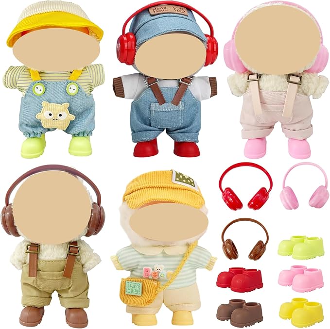 17cm Doll Clothes Overalls Outfit Set, Include 5 Styles with Hats, Headphones, Shoes and Bag, Cute Dress Up Accessories for Doll Play and Display, (No Dolls)