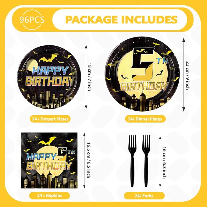 96Pcs Bat 5th Birthday Decorations Cartoon Bat Hero Plates and Napkins Sets Bats Birthday Party Decorations for Boys Girls 5 Years Old Super Theme Hero Bats Party Supplies Serves 24