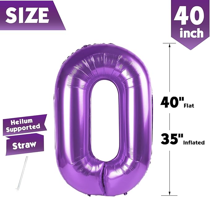 40 Inch Purple Number 0 Balloon, Giant Number 0 Balloons for 10th 20th 30th 40th Birthday Decorations, Party Supplies for Baby Boy Girl, Purple Party Decor
