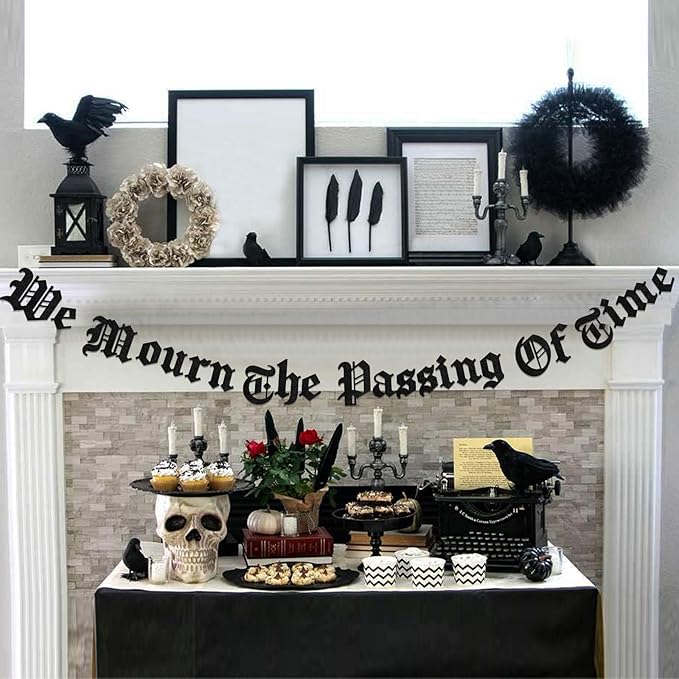 Sursurprise Gothic Birthday Party Decorations, We Mourn The Passing Of Time Banner, Old English Emo Birthday Party Decor Supplies