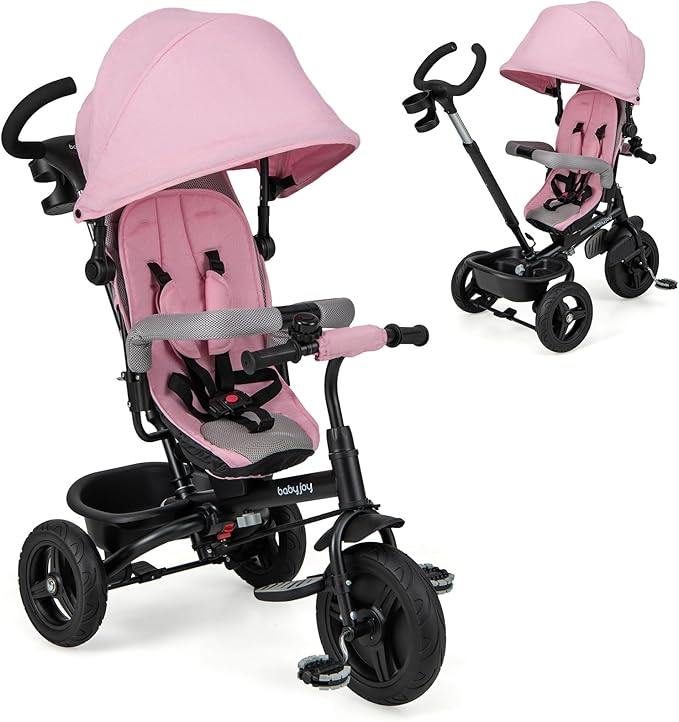 BABY JOY Tricycle, 6 in 1 Trike for Toddler w/Reversible Seat, Adjustable Canopy & Parent Handle, 5-Point Safety Belt, PU Wheels and Storage Basket, Push Tricycle for 9-60 Months (Pink)