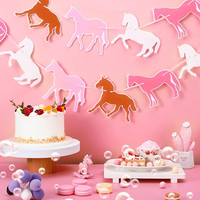 Tegeme 2 Pieces Horse Garland Banner Pink Horse Banner for Birthday Cute Felt Supplies for Pony Club Decorations Racing Birthday Wedding Party Hanging Decoration Supplies