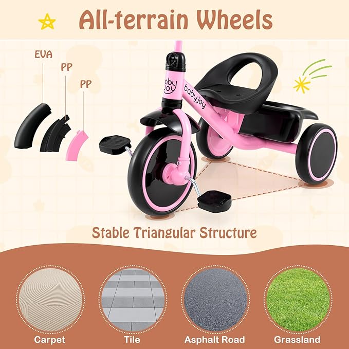 BABY JOY Toddler Tricycle, Kids Trike with Adjustable Seat and Storage Basket for Boys Girls Indoor and Outdoor Riding, Toddler Trike for Baby 3-5 Years Old (Pink)