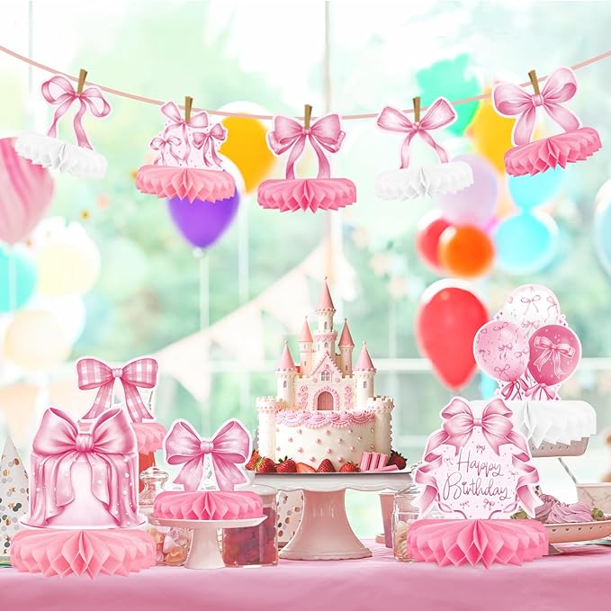 Pink Bow Birthday Decorations Set - Bow Party Decorations with Honeycomb Centerpieces & Table Centerpieces for Splendid Pink Bow Themed Party Supplies