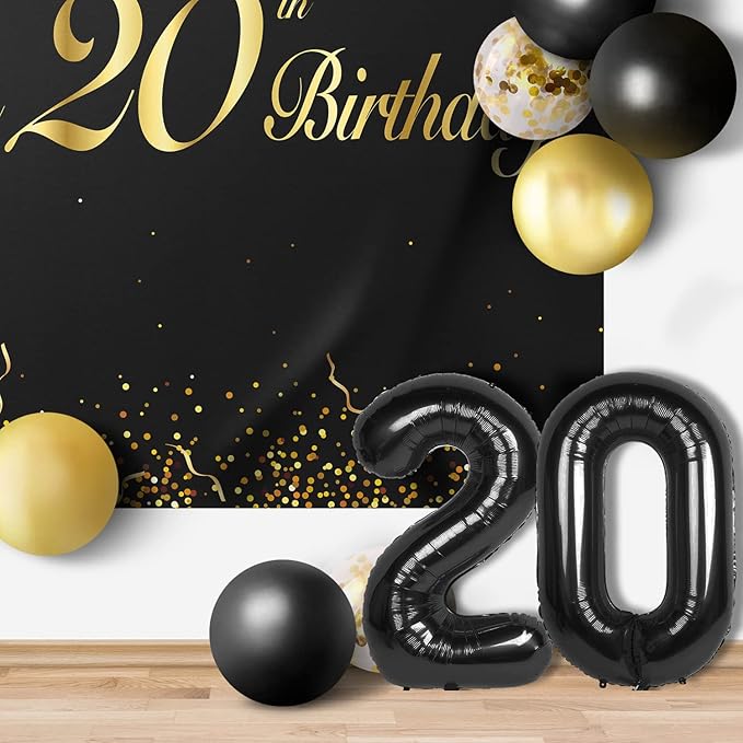 Happy 20th Birthday Balloons Black Set Decor - Cheers to 20 Years Old Party Theme Garland Banner Backdrop Decorations For Women and Men Supplies