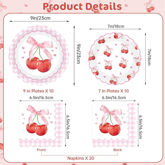 40 Pcs Cherry Birthday Decorations - Pink Bows Plates and Napkins Party Supplies, Disposable Scalloped Bowknot Paper Dinner Plates Napkins Sets for Fruits Cherry Table Party Decor Favors, Serves 20