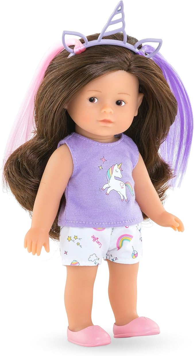 Corolle Mini Corolline Romy Unicorn Gift Set Includes 8" Doll and 3 Accessories - Shirt, Shorts and Headband with Hair Extensions, for Ages 3 Years and up