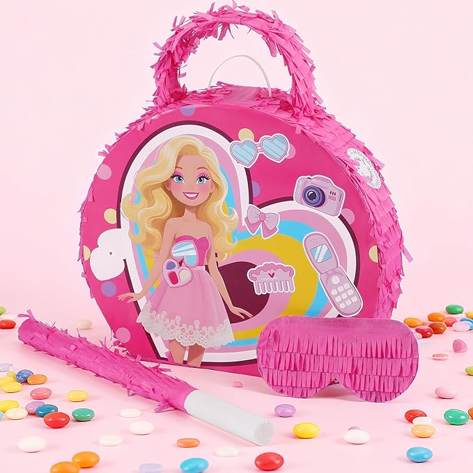 Soulchen Birthday Party Piñata Decorations Includes Eye Mask Stick Blindfold Confetti Birthday Party Camping Theme Favor Supplies(Pink Bag Piñata)