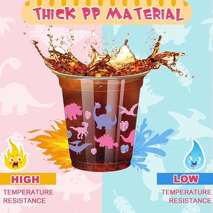 50 Pcs Girl Dinosaur Birthday Party Decorations Cups 12 oz Dinosaur Disposable Plastic Cups Dino Theme Tumbler for Three Rex Birthday Party Supplies Decorations, Pink