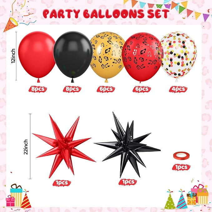 Cheetah Print Balloon, 12 Inch Black Red Gold Balloons with Leopard Print Balloons Confetti Star Foil Balloon Leopard Jungle Animal Decorations for Cheetah Theme Birthday Cherry Vintage Party Supplies