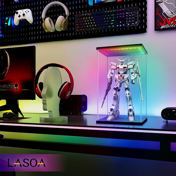 LASOA Acrylic Display Case with RGBW Color Changing LED Light, Clear Display Box for Action Figures and Collectibles, Self-Assembly Dustproof Showcase with Black Base, 11.8x11.8x15.7inch