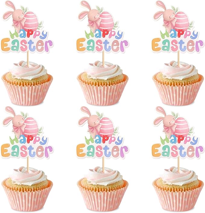 Ercadio 24Pcs Printed Happy Easter Cupcake Toppers Cute Easter Rabbit Eggs Cupcake Picks for Easter Baby Shower Kids Boys Girls Birthday Party Cupcake Decoration Supplies