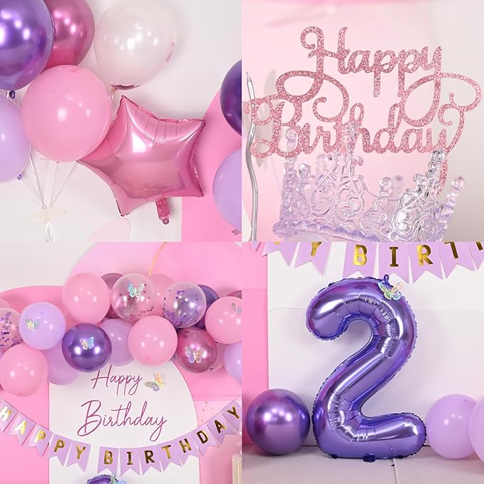 2nd Birthday Decoration for Girls,Pink Purple 2nd Balloon Number 2 Balloon with Butterfly Stickers Star Heart Foil Balloons Happy Birthday Banner for Baby 2 Year Old Party Decor